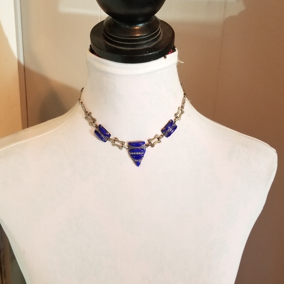 Relisted-Vintage Art Deco necklace blue glass silver tone choker - Picture 7 of 17